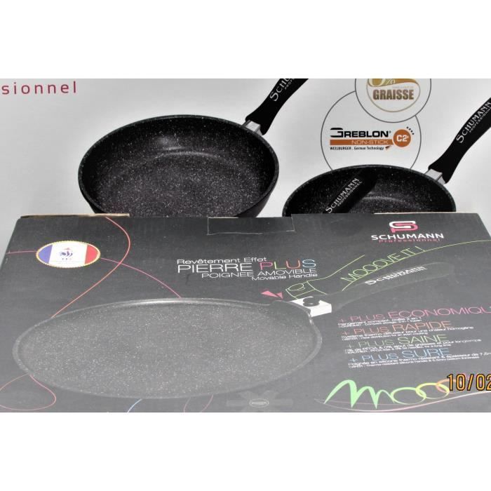 Lot 3 poêles manche fixe et crêpière 28 cm manche amovible schumann