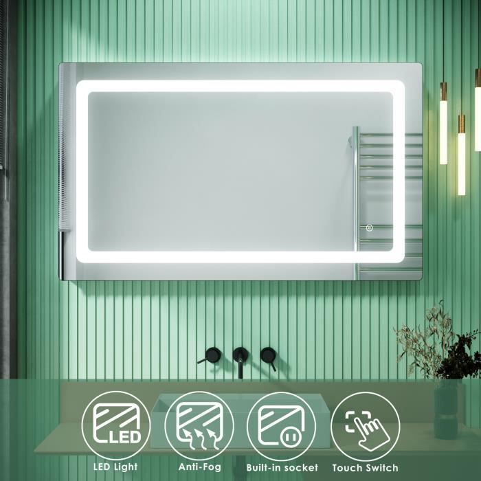 SIRHONA Miroir de Salle de Bain 100x60 cm Éclairage LED Miroir de Salle de Bains Anti-buée Tactile Avec Prise de Rasoir