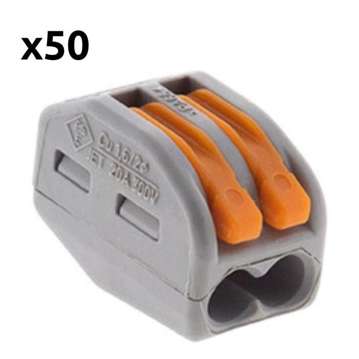 Lot de 50 mini bornes de connexion rapide à levier S222 pour fils rigides et souples - 2 entrées
