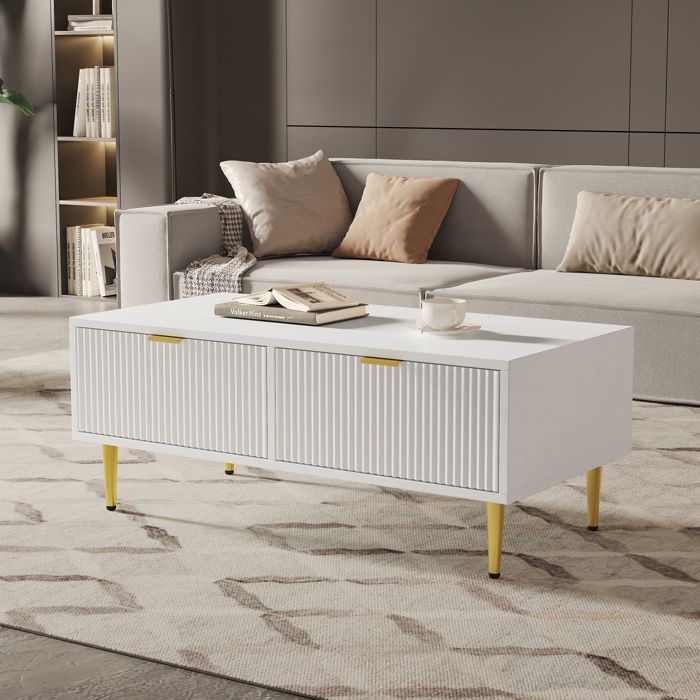 Table basse salon avec 2 tiroirs Style moderne Rayures blanche100x50x40cm