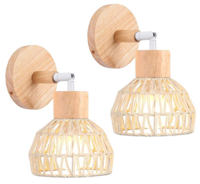 IDEGU 2pcs Applique Murale Intérieure Rétro Lampe Murale en Rotin et Bois Ajustable Luminaire Plafonnier Style-D Rotin Blanc Ø15cm