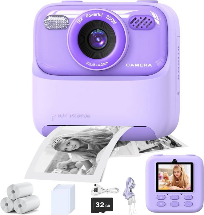 PRIXTON Click&Go Appareil Photo Instantané Enfant – 48 MP, Vidéo 1080p, Zoom 16x, écran 2,4″, Jeux, Cadres, 4 Rouleaux Papier Inclus Appareil Photo Instantané Enfant PRIXTON