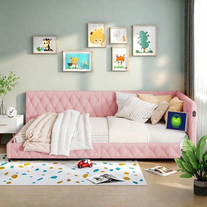 Lit double 140x200 cm avec sommier Canapé-lit Lit adulte LED Dossier moelleuse Tête de lit décorative bouton et USB Tissu Rose