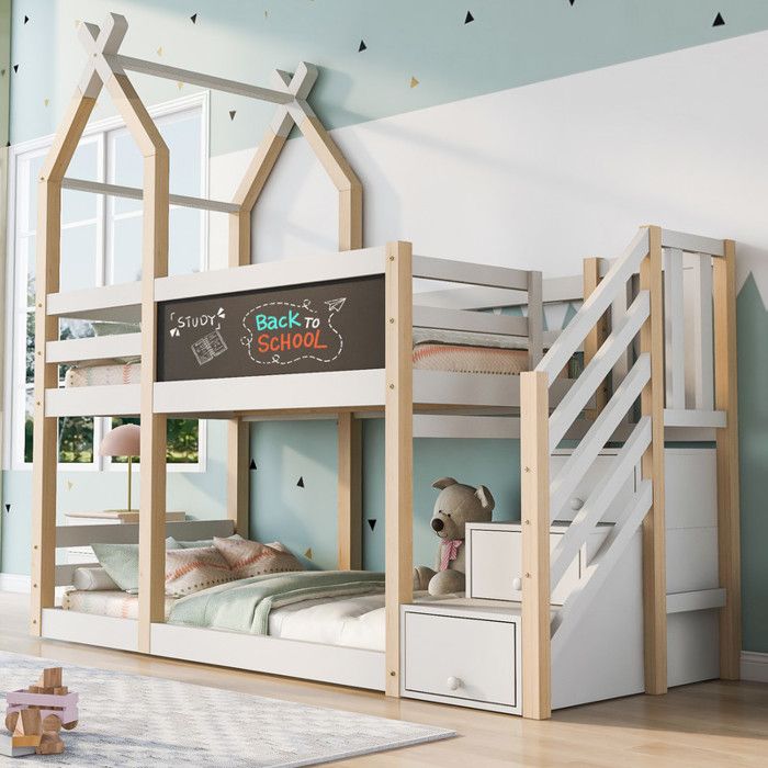 Lit superposé 90x200 cm Lit enfant design maison darbre Lit surélevé pour enfants avec stockage et protection contre les chutes