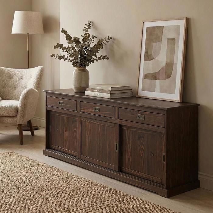 Buffet salle à manger SAVONA L 160 cm en bois massif coloris noyer 3 portes coulissantes et tiroirs meuble Buffet salle à manger SAVONA L 160 cm en bois massif coloris noyer 3 portes coulissantes et tiroirs meuble