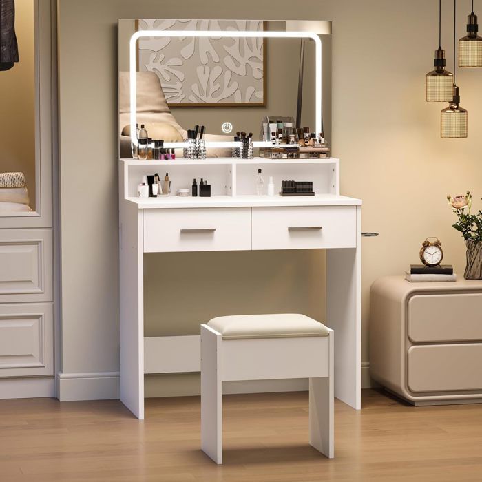Coiffeuse avec miroir et tabouret EN BOIS-AFFI- 3 MODES LED et 2 Tiroirs-80 X 38.5 X 134CM