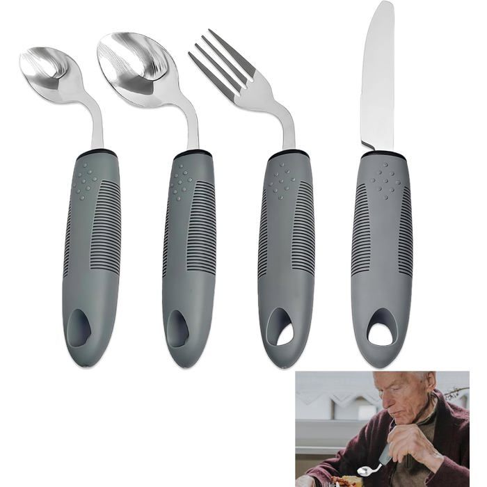 Couverts adaptés anti-tremblement - DOK - 4 pièces - Acier inoxydable - Courbés - Anti-tremblement - Ergonomiques