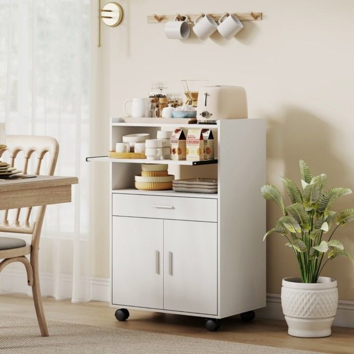 Desserte Billot Meuble micro-ondes blanc avec étagère 2 portes et tiroir sur roulettes - Rangement pratique 59x40x92cm Desserte Billot Meuble micro-ondes blanc avec étagère 2 portes et tiroir sur roulettes - Rangement pratique 59x40x92cm