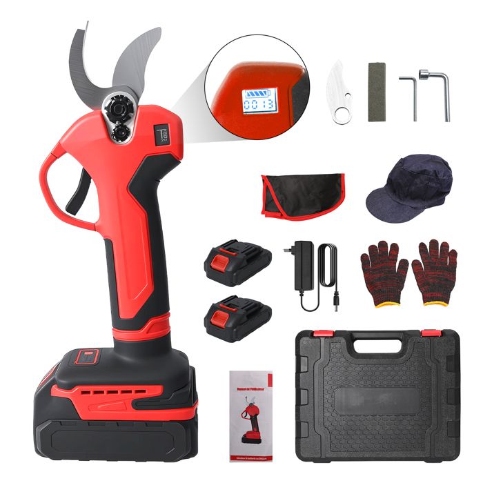 Sécateur électrique sans fil 30 mm équipé de 2 batteries et dun écran LCD adapté au jardinage (rouge).