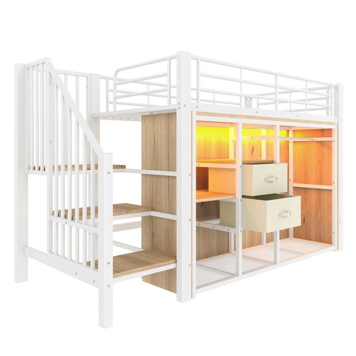 Lit Mezzanine Armoire ouverte blanche 90x200 cm lit mi-hauteur 2 tiroirs éclairage LED multicolore rangements pratiques Sans Matelas Lit Mezzanine Armoire ouverte blanche 90x200 cm lit mi-hauteur 2 tiroirs éclairage LED multicolore rangements pratiques Sans Matelas