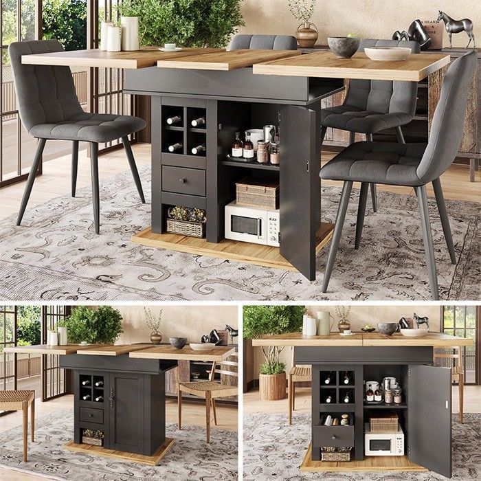 Table à Manger Extensible 110-140x80cm Cuisine Pliante 4-6 Personnes Rangement Porte-Bouteilles Tiroirs MDF Noir Bois