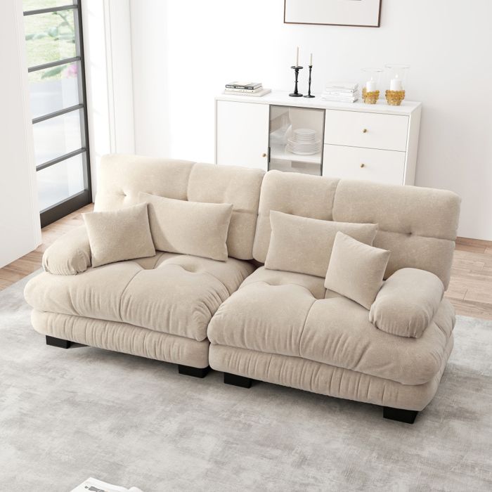 Canapé droit de salon 2 places avec 4 coussins. structure en bois. chenille. 220×77×81 cm. beige foncé
