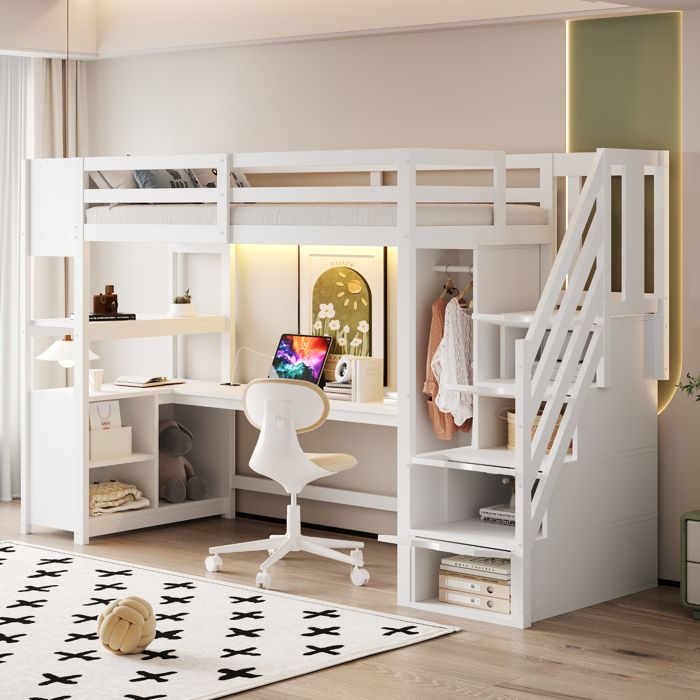 Lit superposé pour enfants avec bureau et éclairage LED lit mezzanine 90 × 200 cm avec armoire et espace de rangement blanc
