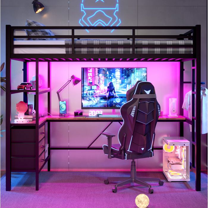 Lit mezzanine enfant 90 × 200 cm noir avec bureau LED rangements