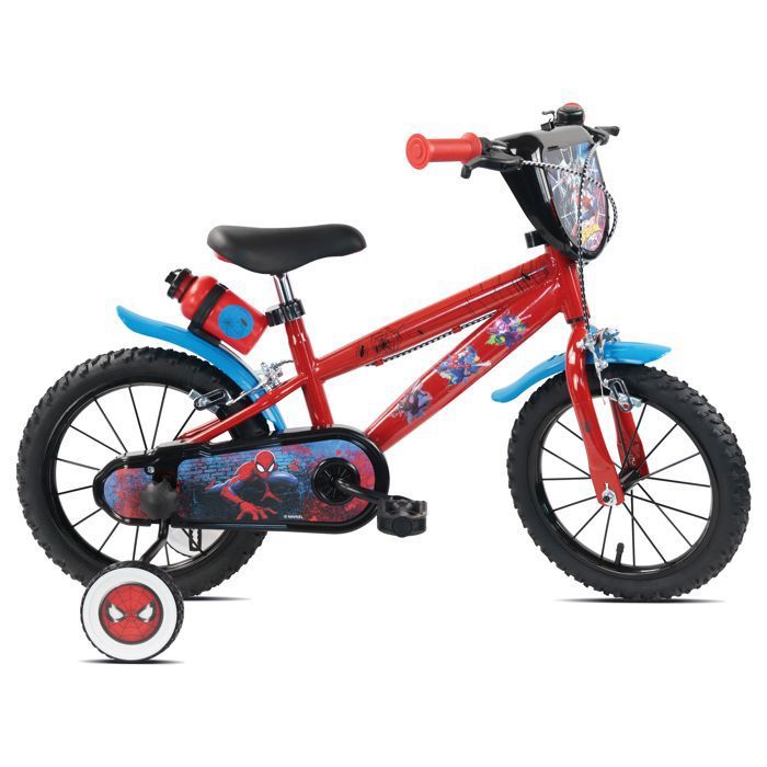 Vélo enfant 14 SPIDERMAN (90 à 105cm) avec 2 freins plaque avant décorative bidon arrière stabilisateurs & pneus gonflables.