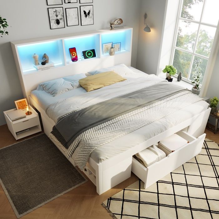 Lit 140x190 blanc avec LED USB-C tiroirs et étagères table de chevet mobile sommier inclus sans matelas