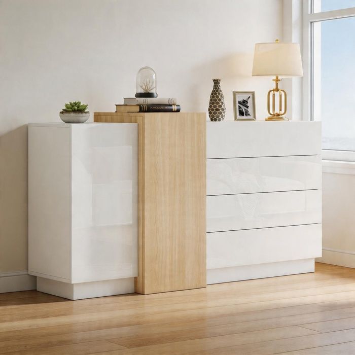 Buffet bas - 140 x 35 x 765 cm - Blanc laqué brillant - Décor imitation bois - 2 portes 4 tiroirs