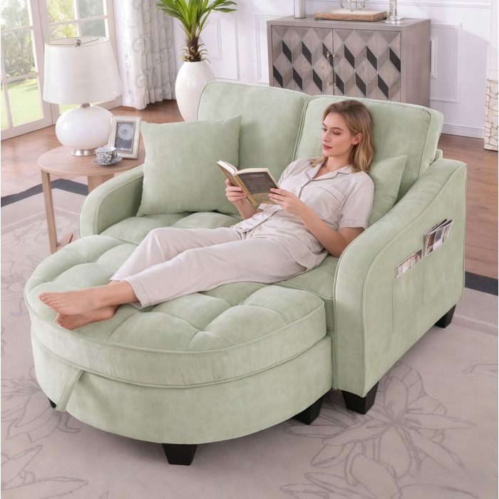 HOMVRA Canapé moderne 132×129×93 cm - Convertible 2 en 1 - Avec pouf de rangement et poches latérales - Chenille cyan