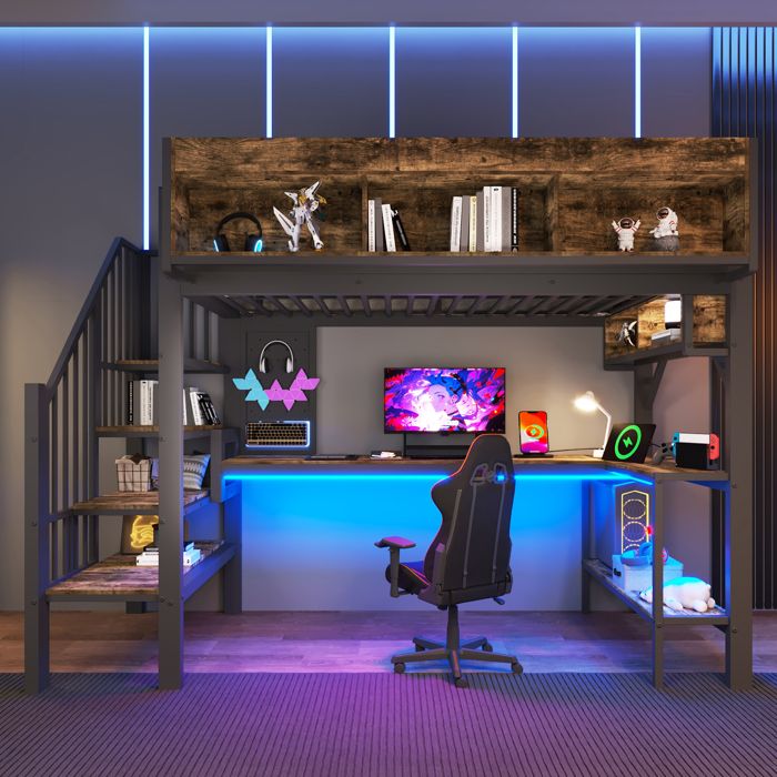 Lit mezzanine 90x200 avec bureau dangle étagères et panneau perforé prise USB Type-C et lumière LED lit surélevé (sans matelas)
