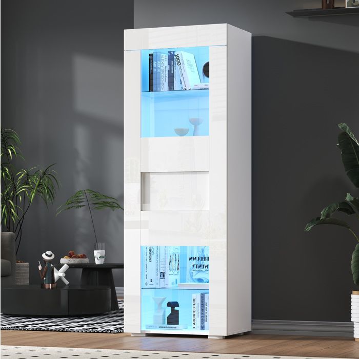 Vitrine Haute Blanche Brillante avec LED 60 x 40 x 170 cm Porte en Acrylique 2 Tablettes en Verre Réglables Meuble de Salon