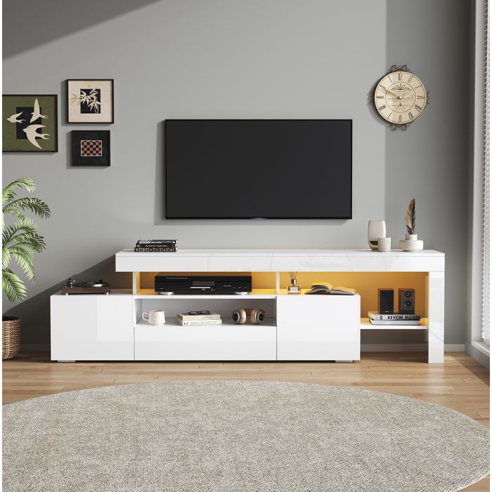JOINERY meuble TV banc rangement LED 192 x 37 x 53 cm blanc brillant 3 portes abattantes panneaux de particules