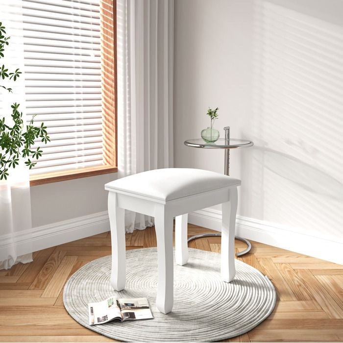 WOVREO Tabouret de coiffeuse blanc 43 x 33 x 45 cm assise rembourrée en PU pieds en bois massif