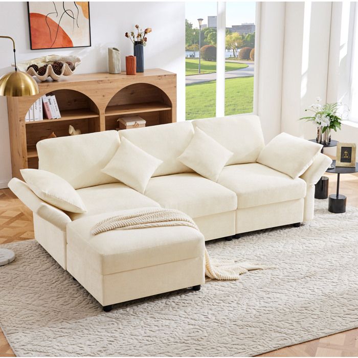 Canapé dangle modulable 3-4 places avec pouf mobile 4 coussins et accoudoirs réglables en chenille beige 218 × 156 5 × 86 cm