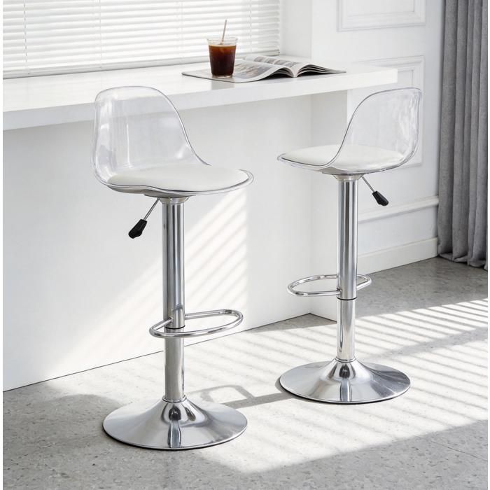 Lot de 2 tabourets de bar réglables 82-104 cm pivotants 360° avec dossier transparent blanc et métal argenté