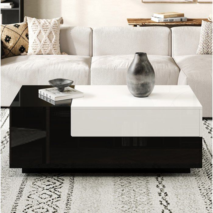 Table basse rectangulaire 100 x 50 x 38 cm noir et blanc brillante avec 2 tiroirs et plateau coulissant