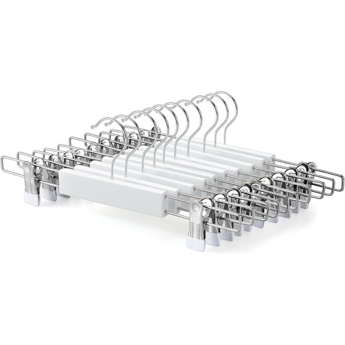 Cintre en bois blanc 33 cm avec pince antidérapante réglable et crochet pivotant à 360° - lot de 10 pour pantalons jupes et jeans
