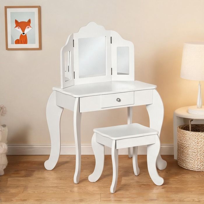 Coiffeuse enfant MDF laqué blanc avec tabouret miroir triptyque et tiroir 63 x 40 - Blanc MDF 24.8 x 15.75 x 33.66 cm Ref TPZDKO
