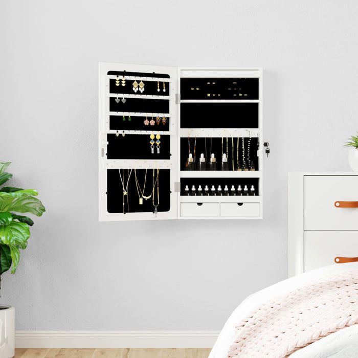 vidaXL Armoire à Bijoux Murale avec Miroir et LED Blanc en Bois d’Ingénierie avec 2 Tiroirs