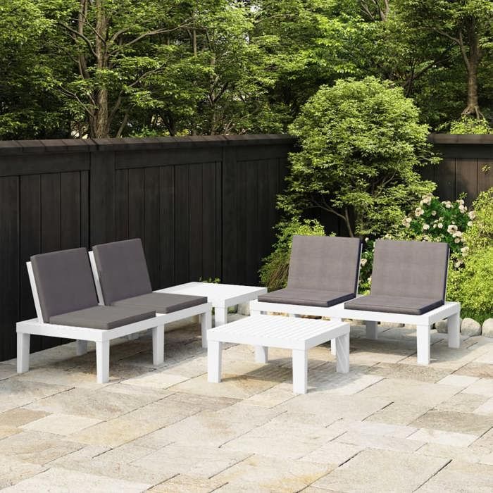 Blanc Salon de jardin 4 pcs avec coussins Plastique Blanc - Meuble de balcon LV49959