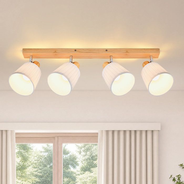 Plafonnier - NETTLIFE - Spot 4 têtes Rétro - Bois naturel - Abat-jour tissu blanc pivotant 350° - Culot E14