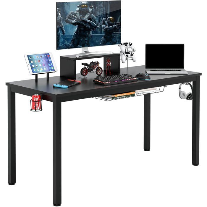 Bureau Gaming avec Porte-gobeletCrochet pour écouteursTable Gaming 140 x 60 x 74 CMBureau Gamer ErgonomiqueNoir