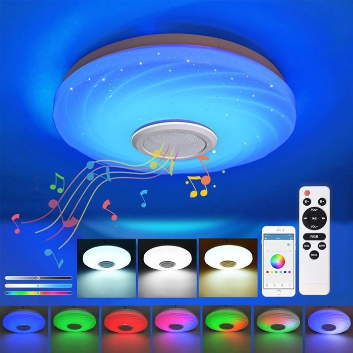 Plafonnier LED RGB Bluetooth 36W Dimmable Ø28 cm Lampe Connectée avec Télécommande et APP Haut-Parleur USB Sans Percer pour