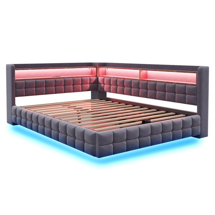 Lit banquette 140x200 cm en velours gris foncé coffre hydraulique étagères LED USB et USB-C sans matelas
