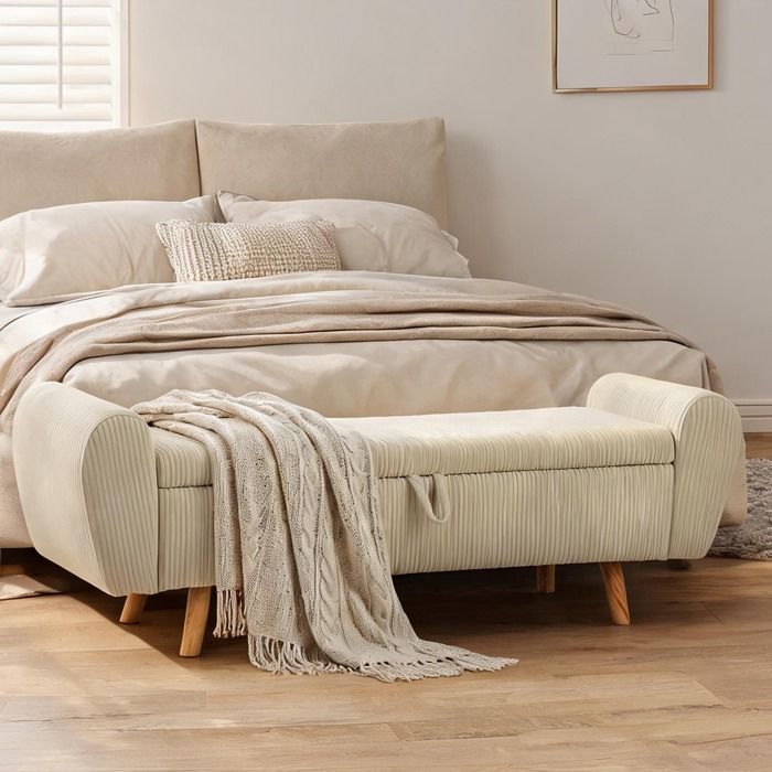 Banquette coffre en velours cannelé 150 cm rangement sous assiette pieds en bois