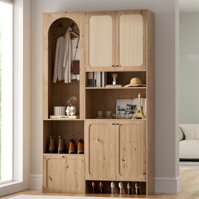 Meuble dentrée 120x35x200cm - Vestiaire dentrée avec portes en rotin meuble à chaussures et penderie - Naturel