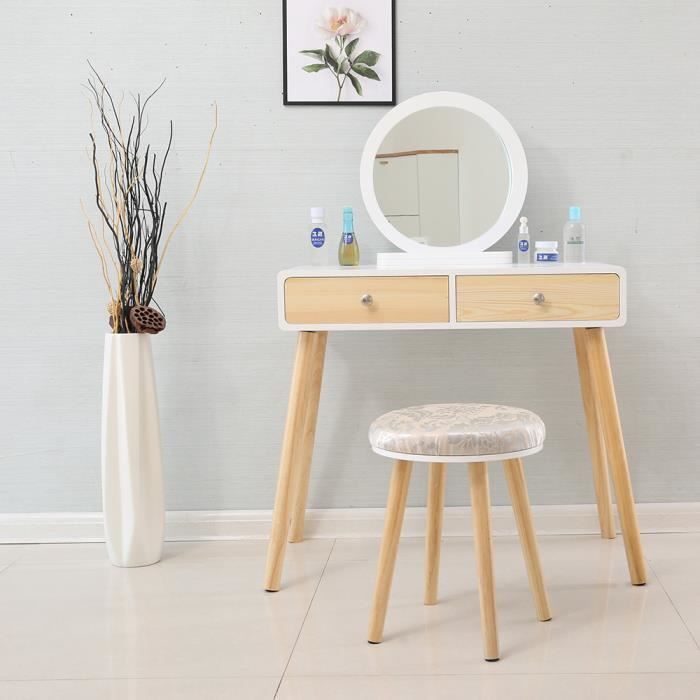 Coiffeuse Moderne Miroir rond 2 Tiroir avec coulisses tabouret housse lavable