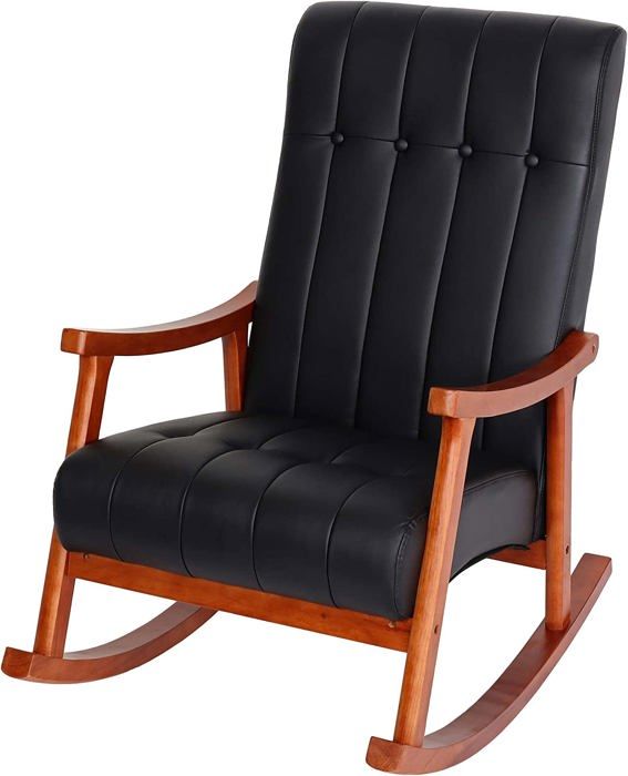 fauteuil à bascule rocking chair relax avec accoudoirs en simili cuir noir cadre aspect noyer - rela