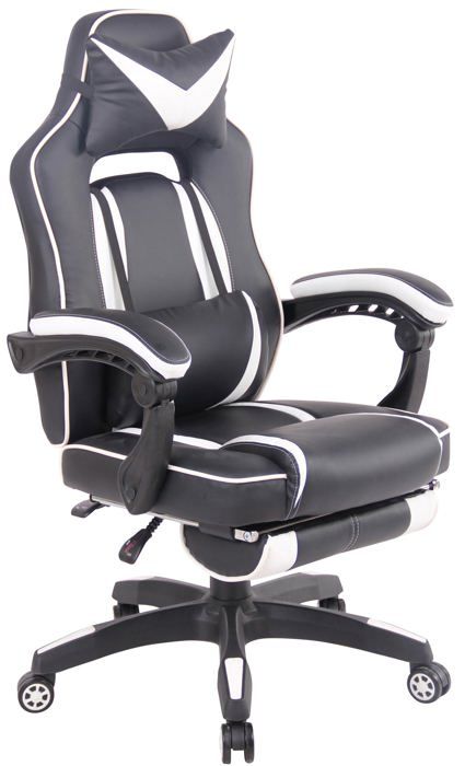 chaise de bureau fauteuil gaming avec repose-pieds telescopique en synthetique noir et blanc