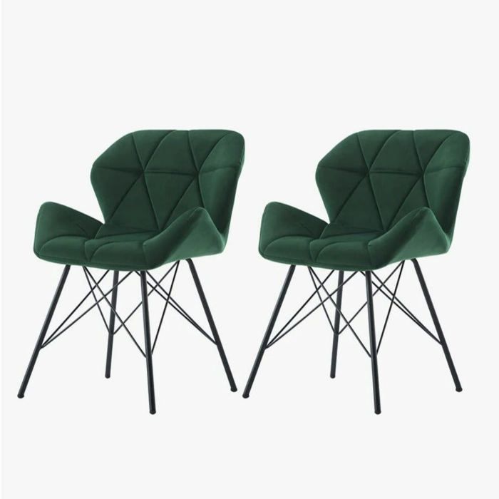 lot de 2 chaises de salle à manger en tissu velours vert couture triangle pieds en metal design eiffel