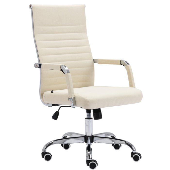 Fauteuil de bureau sur roulettes confortable hauteur reglable en tissu creme cadre metal chrome BUR10575
