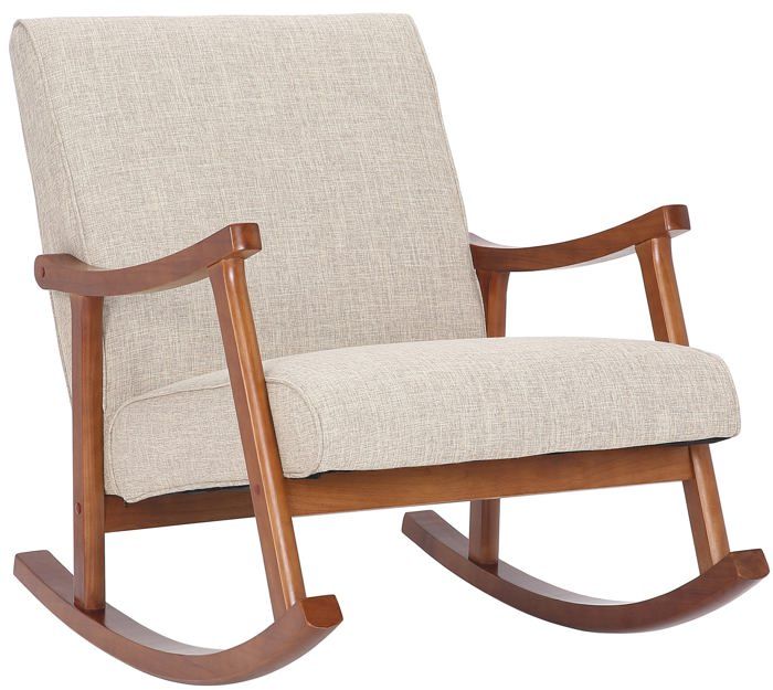 fauteuil à bascule style rocking chair en tissu crème et pied en bois