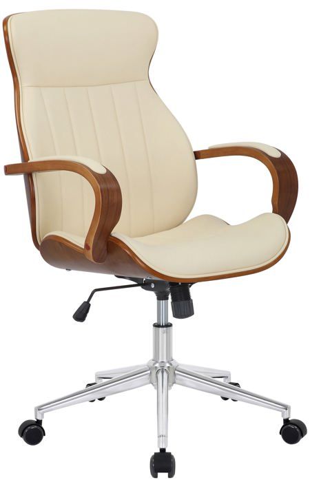 fauteuil de bureau avec roulettes similicuir crème et bois noyer hauteur réglable - bur10462