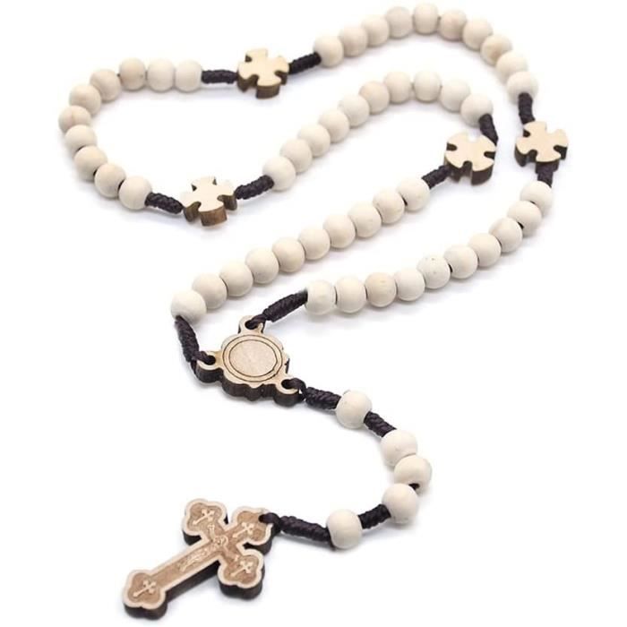 Collier Chapelet En Bois Naturel Avec Croix - Rouge, Tissé Main - Style Hip-hop - Pour Hommes Et Femmes