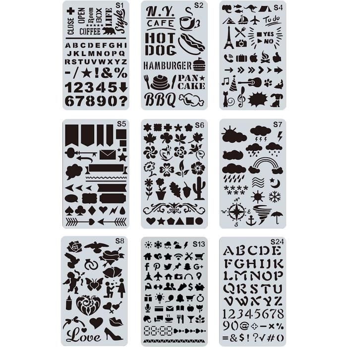 30 Pièces Mixte Bullet Journal Pochoir Stencil Kit, Lettre Dessin Peinture Alphabet Pochoirs