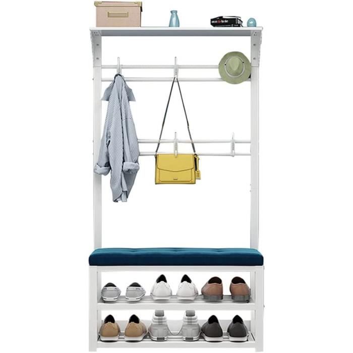 Meuble D'entrée 3 En 1 : étagère à Chaussures + Porte-manteau + Rangement | Métal Blanc, 60x25x152 Cm