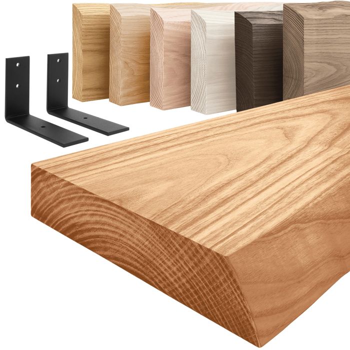 LAMO Manufaktur Étagère murale avec supports en L noirs Étagère 160 cm largeur Couleur: foncé Bord: naturel LAMO Manufaktur Étagère murale avec supports en L noirs Étagère 160 cm largeur Couleur: foncé Bord: naturel